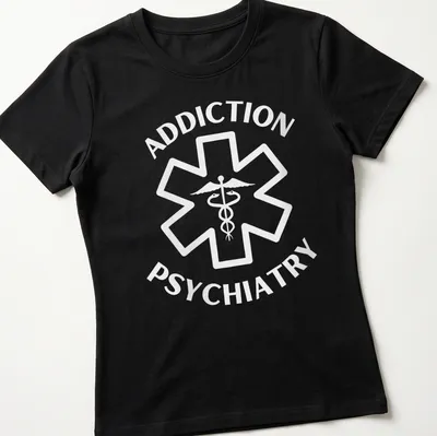 Caduceus symbol and text 'ADDICTION PSYCHIATRY' in clean modern style. — printed on a women's shirt