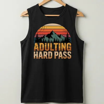 Retro distressed mountain landscape with humorous text on a — printed on a tank top