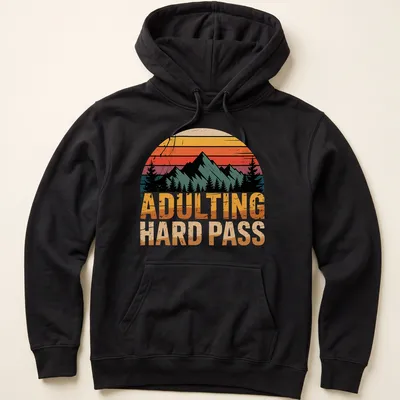 Retro distressed mountain landscape with humorous text on a — printed on a unisex hoodie