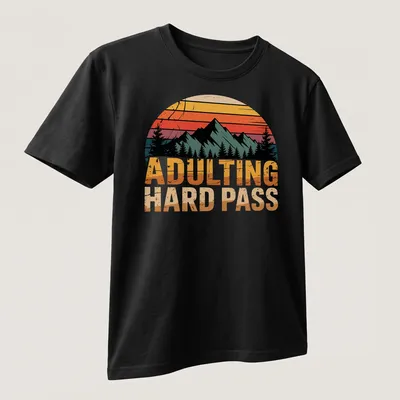 Retro distressed mountain landscape with humorous text on a — printed on a unisex t-shirt (angled view)