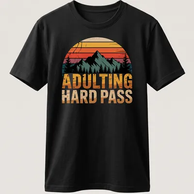 Retro distressed mountain landscape with humorous text on a T-shirt