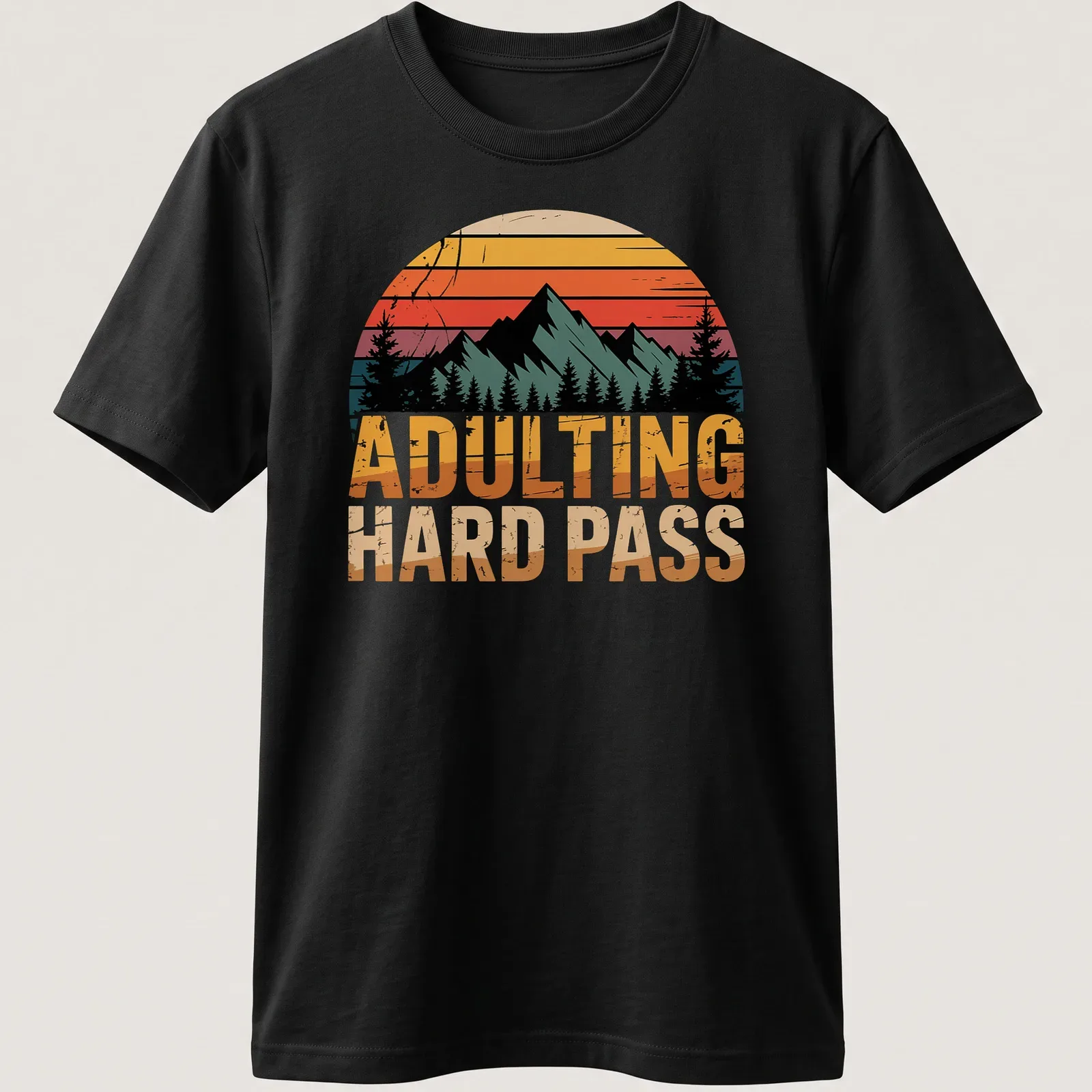Retro distressed mountain landscape with humorous text on a — printed on a unisex t-shirt