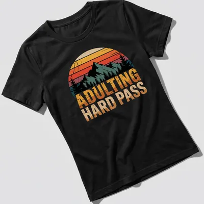 Retro distressed mountain landscape with humorous text on a — printed on a women's shirt