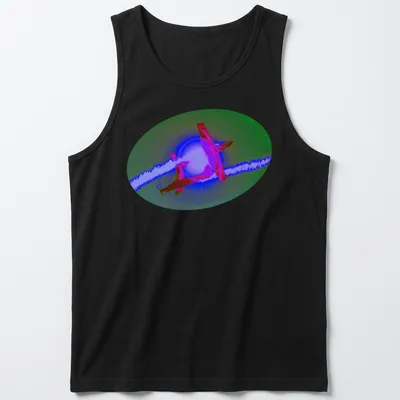 Vibrant digital art of airplanes performing aerobatics with smoke display text — printed on a tank top