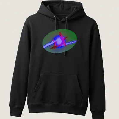 Vibrant digital art of airplanes performing aerobatics with smoke display text — printed on a unisex hoodie