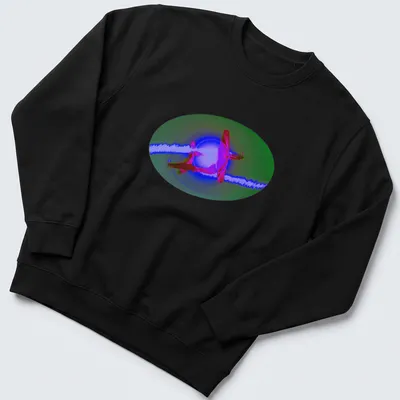 Vibrant digital art of airplanes performing aerobatics with smoke display text — printed on a unisex sweatshirt