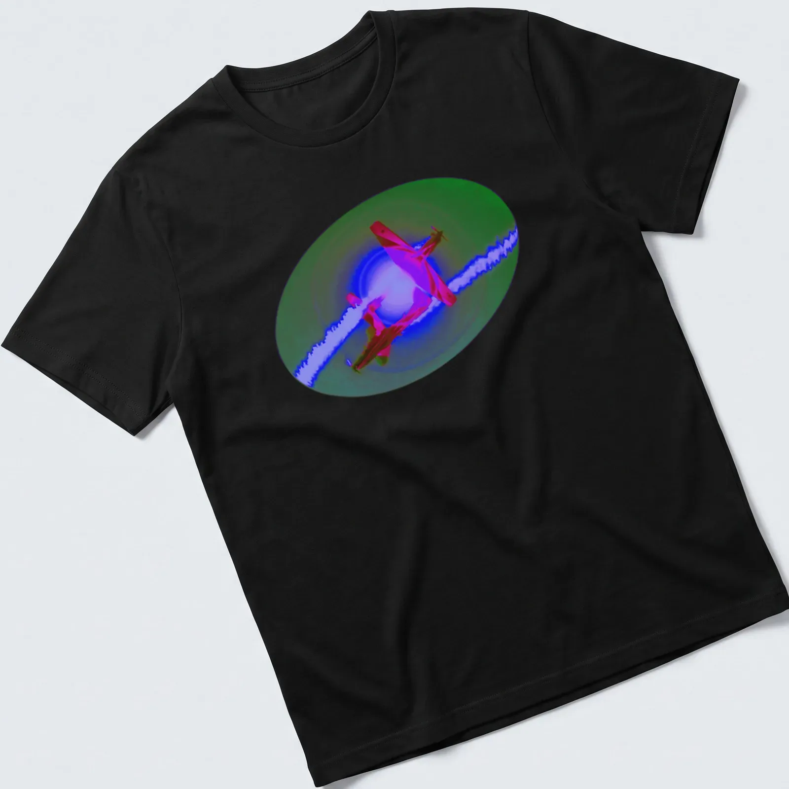 Vibrant digital art of airplanes performing aerobatics with smoke display text — printed on a unisex t-shirt