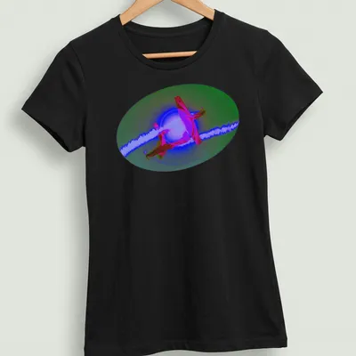 Vibrant digital art of airplanes performing aerobatics with smoke display text — printed on a women's shirt