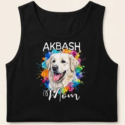 Watercolor painted happy Akbash dog with text 'AKBASH Mom' above. — printed on a tank top