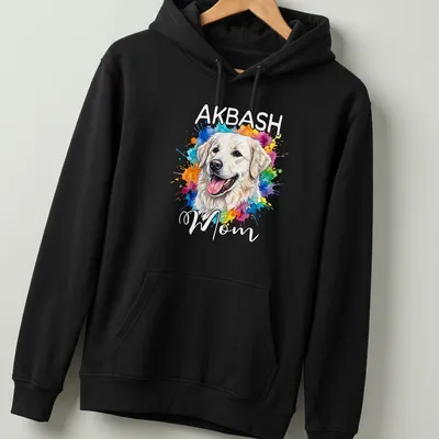 Watercolor painted happy Akbash dog with text 'AKBASH Mom' above. — printed on a unisex hoodie