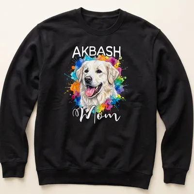 Watercolor painted happy Akbash dog with text 'AKBASH Mom' above. — printed on a unisex sweatshirt