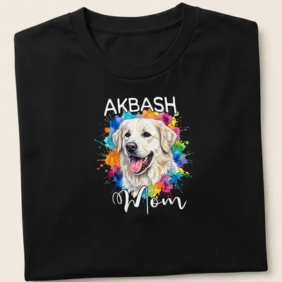 Watercolor painted happy Akbash dog with text 'AKBASH Mom' above.