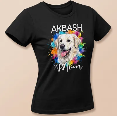 Watercolor painted happy Akbash dog with text 'AKBASH Mom' above. — printed on a women's shirt