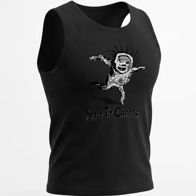 Vintage t-shirt featuring Alice In Chains text above a dancing character in black and white — printed on a tank top