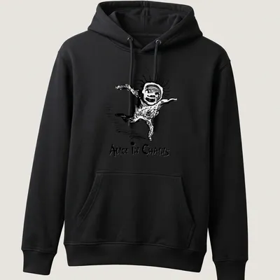 Vintage t-shirt featuring Alice In Chains text above a dancing character in black and white — printed on a unisex hoodie