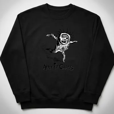 Vintage t-shirt featuring Alice In Chains text above a dancing character in black and white — printed on a unisex sweatshirt