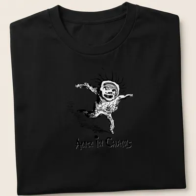 Vintage t-shirt featuring Alice In Chains text above a dancing character in black and white — printed on a unisex t-shirt
