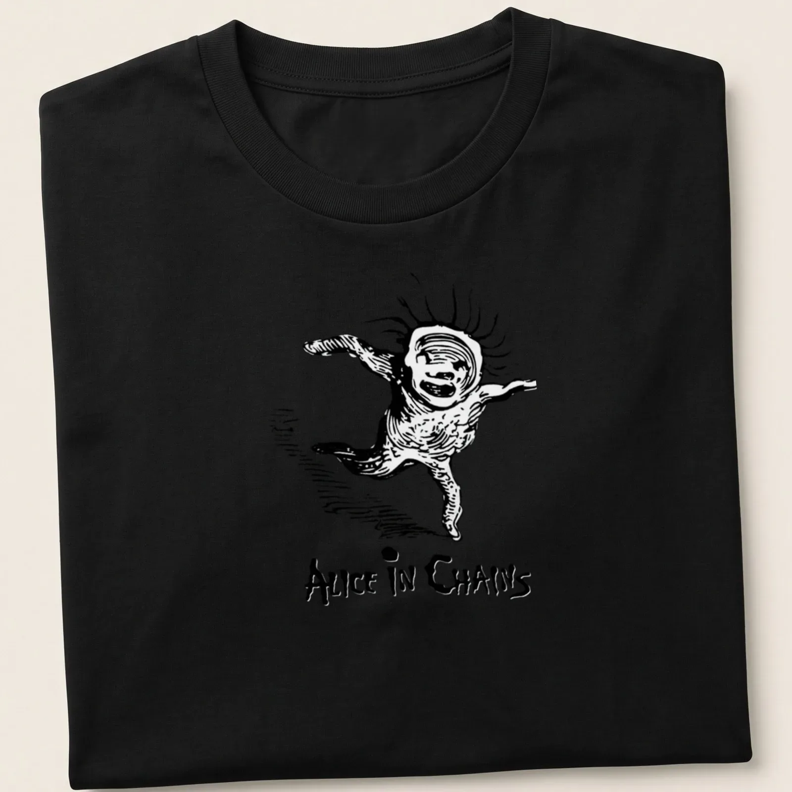 Vintage t-shirt featuring Alice In Chains text above a dancing character in black and white — printed on a unisex t-shirt