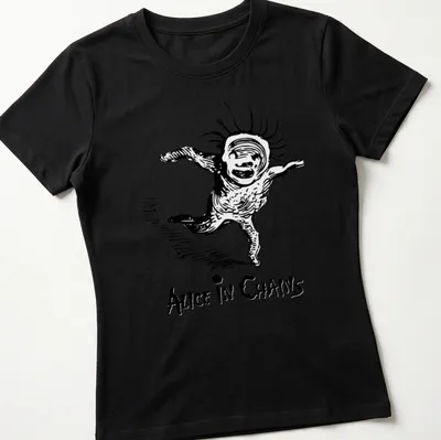 Vintage t-shirt featuring Alice In Chains text above a dancing character in black and white — printed on a women's shirt