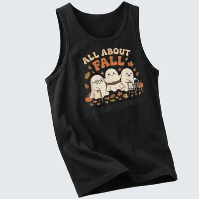 Kawaii cartoon ghosts with the text 'All About Fall (Prevention)' in warm colors — printed on a tank top