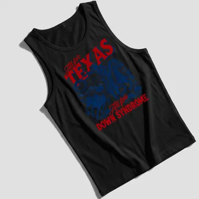 Vintage western-style tee with cowboy riding and supportive text about Texas and Down Syndrome. — printed on a tank top