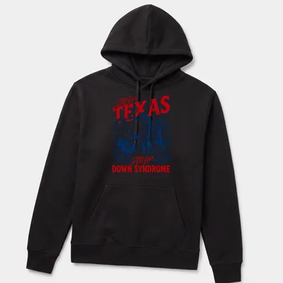 Vintage western-style tee with cowboy riding and supportive text about Texas and Down Syndrome. — printed on a unisex hoodie