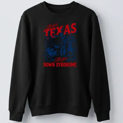 Vintage western-style tee with cowboy riding and supportive text about Texas and Down Syndrome. — printed on a unisex sweatshirt