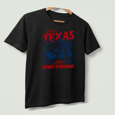 Vintage western-style tee with cowboy riding and supportive text about Texas and Down Syndrome. — printed on a unisex t-shirt (angled view)