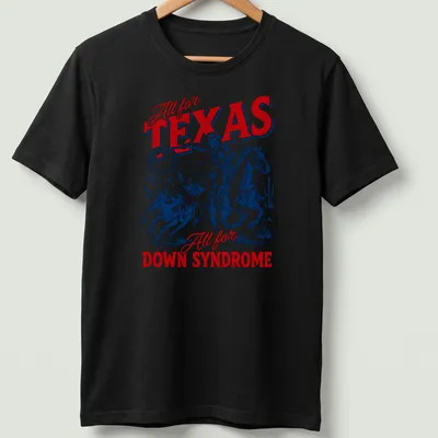 Vintage western-style tee with cowboy riding and supportive text about Texas and Down Syndrome. — printed on a unisex t-shirt
