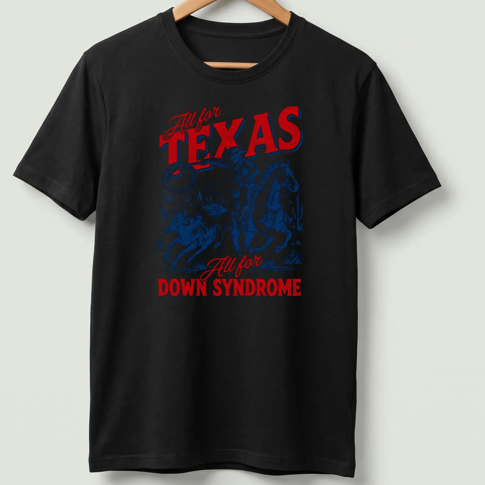 Vintage western-style tee with cowboy riding and supportive text about Texas and Down Syndrome. — printed on a unisex t-shirt