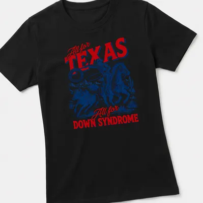 Vintage western-style tee with cowboy riding and supportive text about Texas and Down Syndrome. — printed on a women's shirt