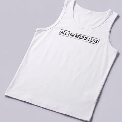 Bold distressed motivational quote t-shirt stating 'All You Need Is Less' in black, white, and red. — printed on a tank top