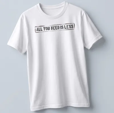 Bold distressed motivational quote t-shirt stating 'All You Need Is Less' in black, white, and red. — printed on a unisex t-shirt