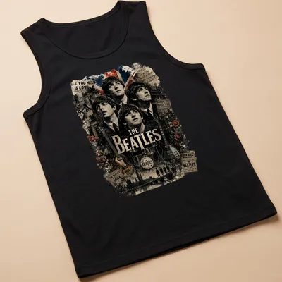Vintage collage Beatles t-shirt featuring 'All You Need Is Love' in multiple colors — printed on a tank top