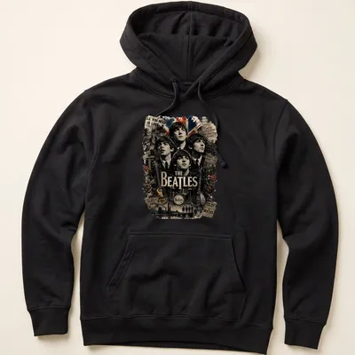 Vintage collage Beatles t-shirt featuring 'All You Need Is Love' in multiple colors — printed on a unisex hoodie