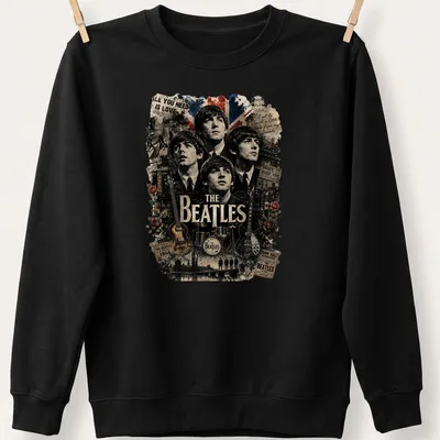 Vintage collage Beatles t-shirt featuring 'All You Need Is Love' in multiple colors — printed on a unisex sweatshirt