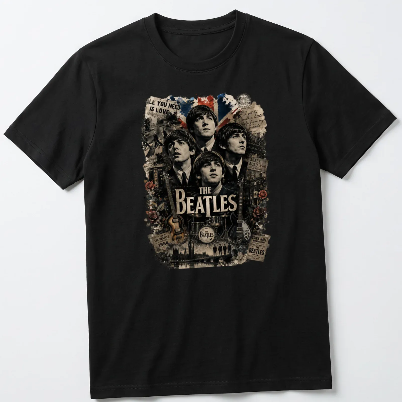 Vintage collage Beatles t-shirt featuring 'All You Need Is Love' in multiple colors — printed on a unisex t-shirt