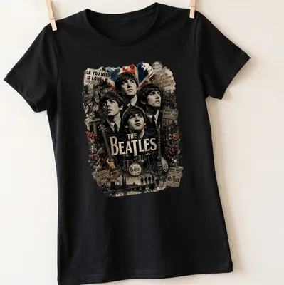 Vintage collage Beatles t-shirt featuring 'All You Need Is Love' in multiple colors — printed on a women's shirt