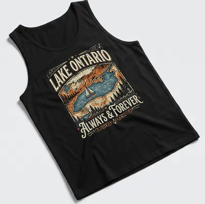 Vintage landscape t-shirt featuring a sailboat on Lake Ontario at sunset — printed on a tank top
