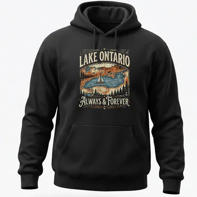 Vintage landscape t-shirt featuring a sailboat on Lake Ontario at sunset — printed on a unisex hoodie