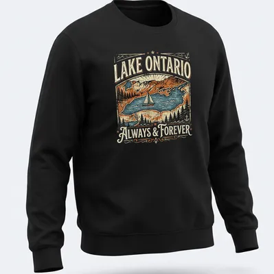 Vintage landscape t-shirt featuring a sailboat on Lake Ontario at sunset — printed on a unisex sweatshirt