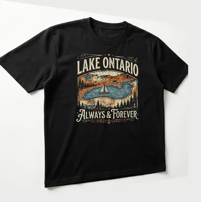 Vintage landscape t-shirt featuring a sailboat on Lake Ontario at sunset — printed on a unisex t-shirt (angled view)