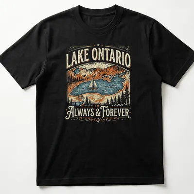 Vintage landscape t-shirt featuring a sailboat on Lake Ontario at sunset — printed on a unisex t-shirt