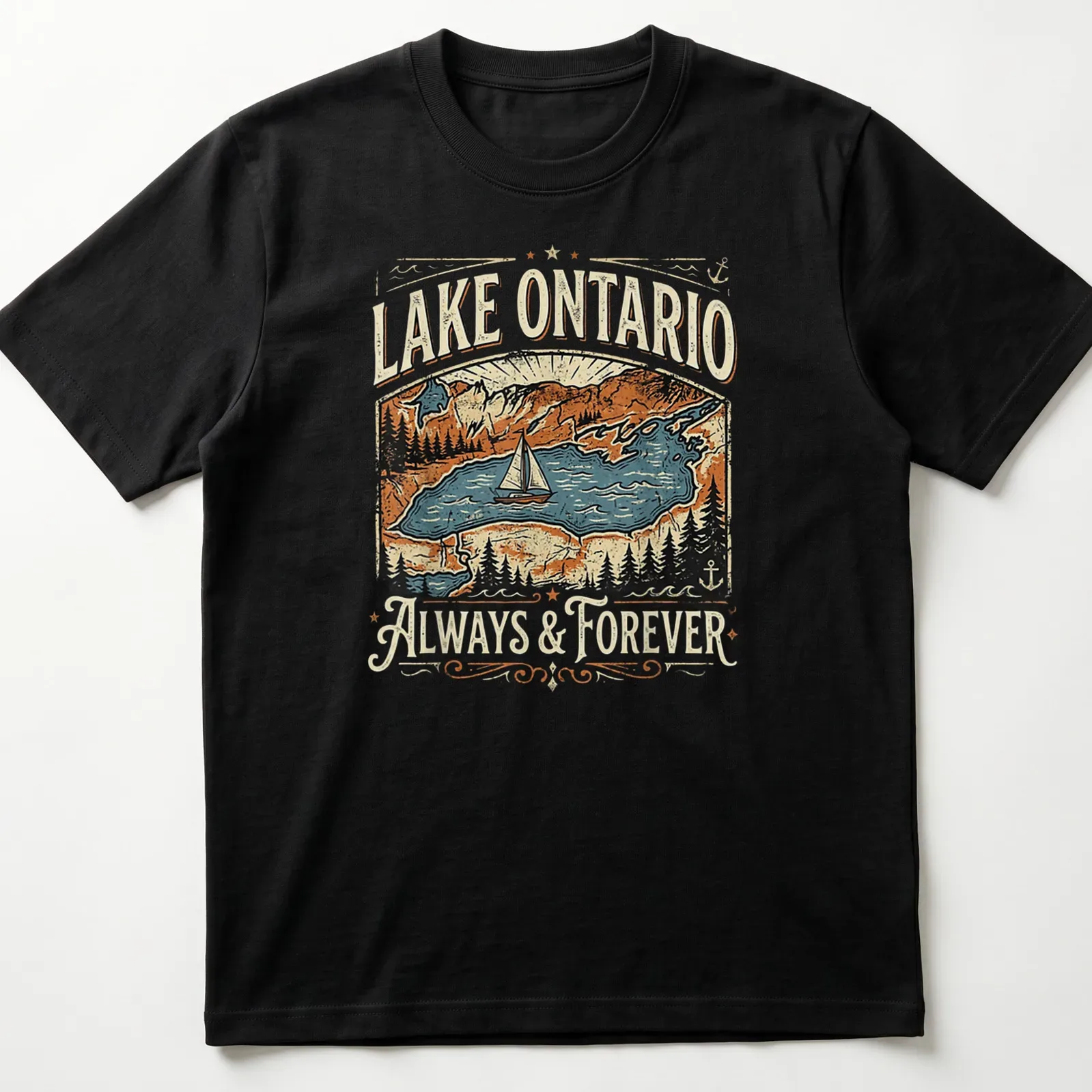Vintage landscape t-shirt featuring a sailboat on Lake Ontario at sunset — printed on a unisex t-shirt