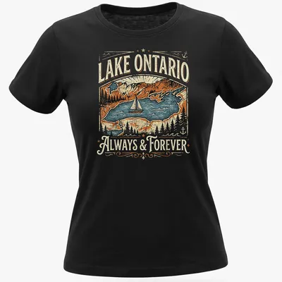 Vintage landscape t-shirt featuring a sailboat on Lake Ontario at sunset — printed on a women's shirt