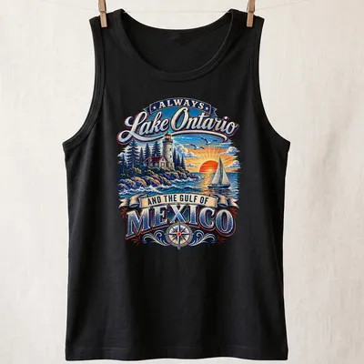 Vintage illustration of a lighthouse and sailboat with text about Lake Ontario and Gulf of Mexico — printed on a tank top