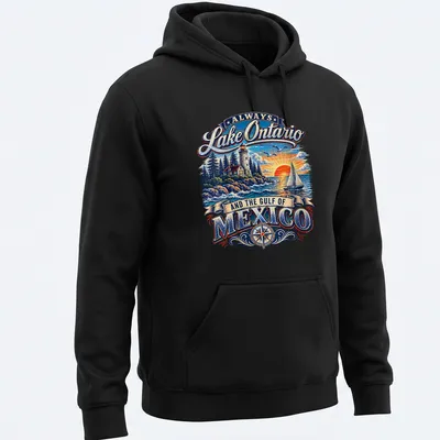 Vintage illustration of a lighthouse and sailboat with text about Lake Ontario and Gulf of Mexico — printed on a unisex hoodie