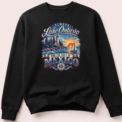 Vintage illustration of a lighthouse and sailboat with text about Lake Ontario and Gulf of Mexico — printed on a unisex sweatshirt