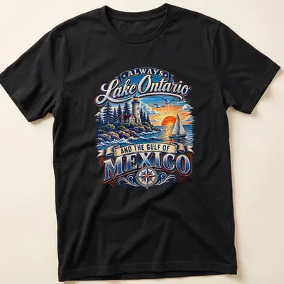 Vintage illustration of a lighthouse and sailboat with text about Lake Ontario and Gulf of Mexico — printed on a unisex t-shirt
