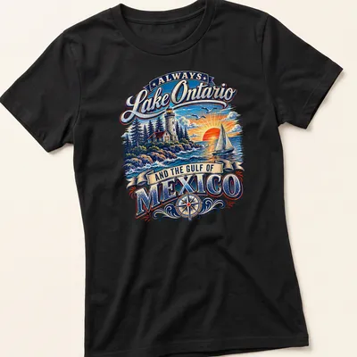 Vintage illustration of a lighthouse and sailboat with text about Lake Ontario and Gulf of Mexico — printed on a women's shirt